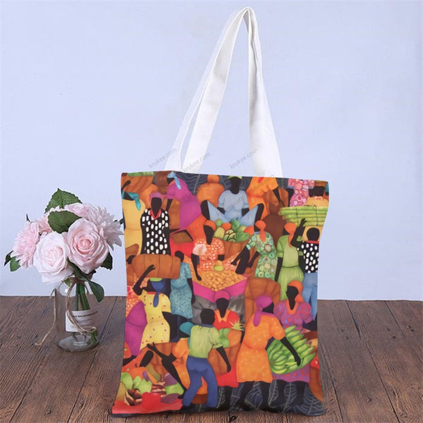 African Artwork Apron - The Market 2 Natural Linen Tote Bag