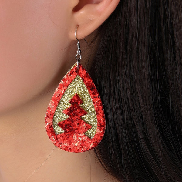 2 Layered Hollow Out Sequin Christmas Tree Leather Earrings Earring
