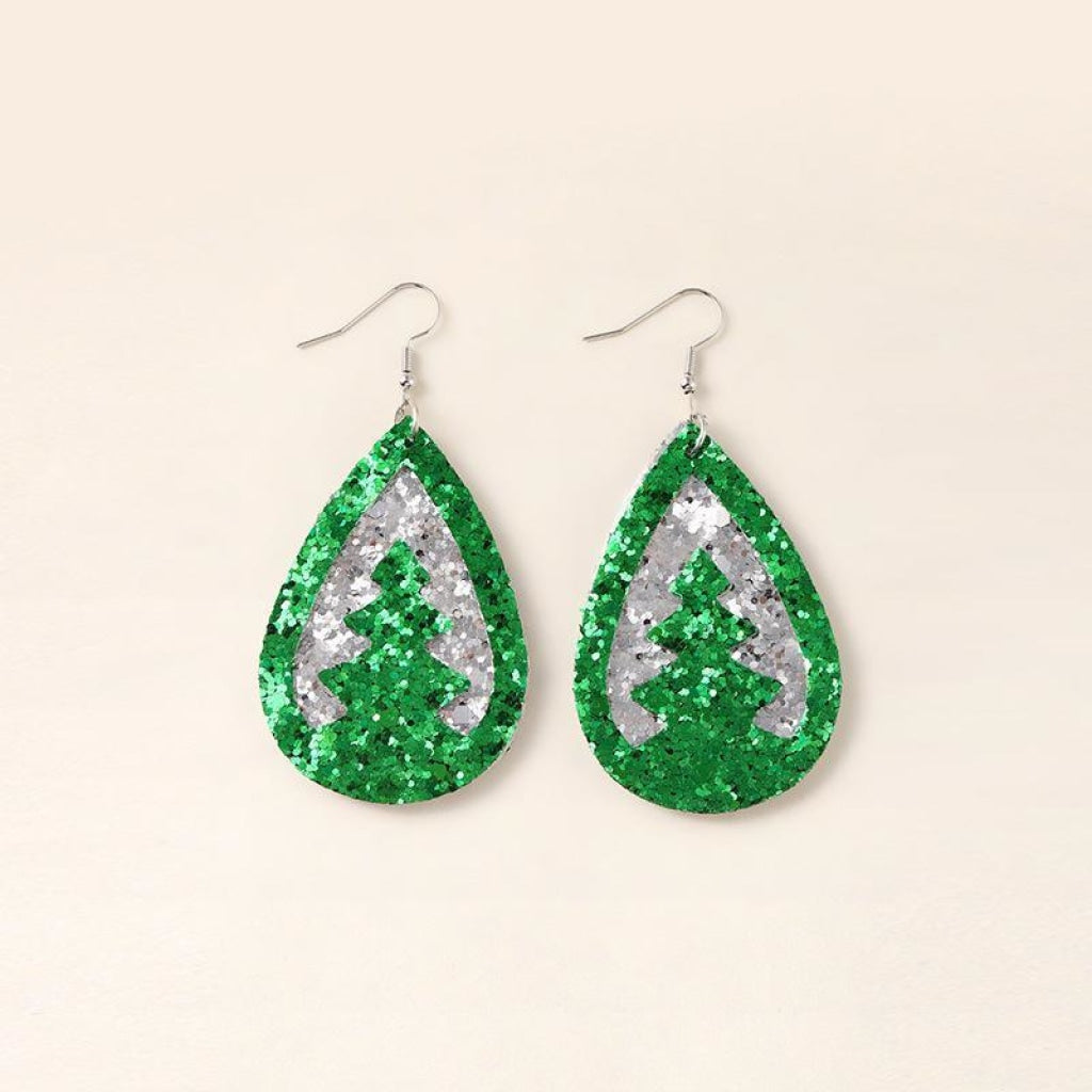 2 Layered Hollow Out Sequin Christmas Tree Leather Earrings Green Earring