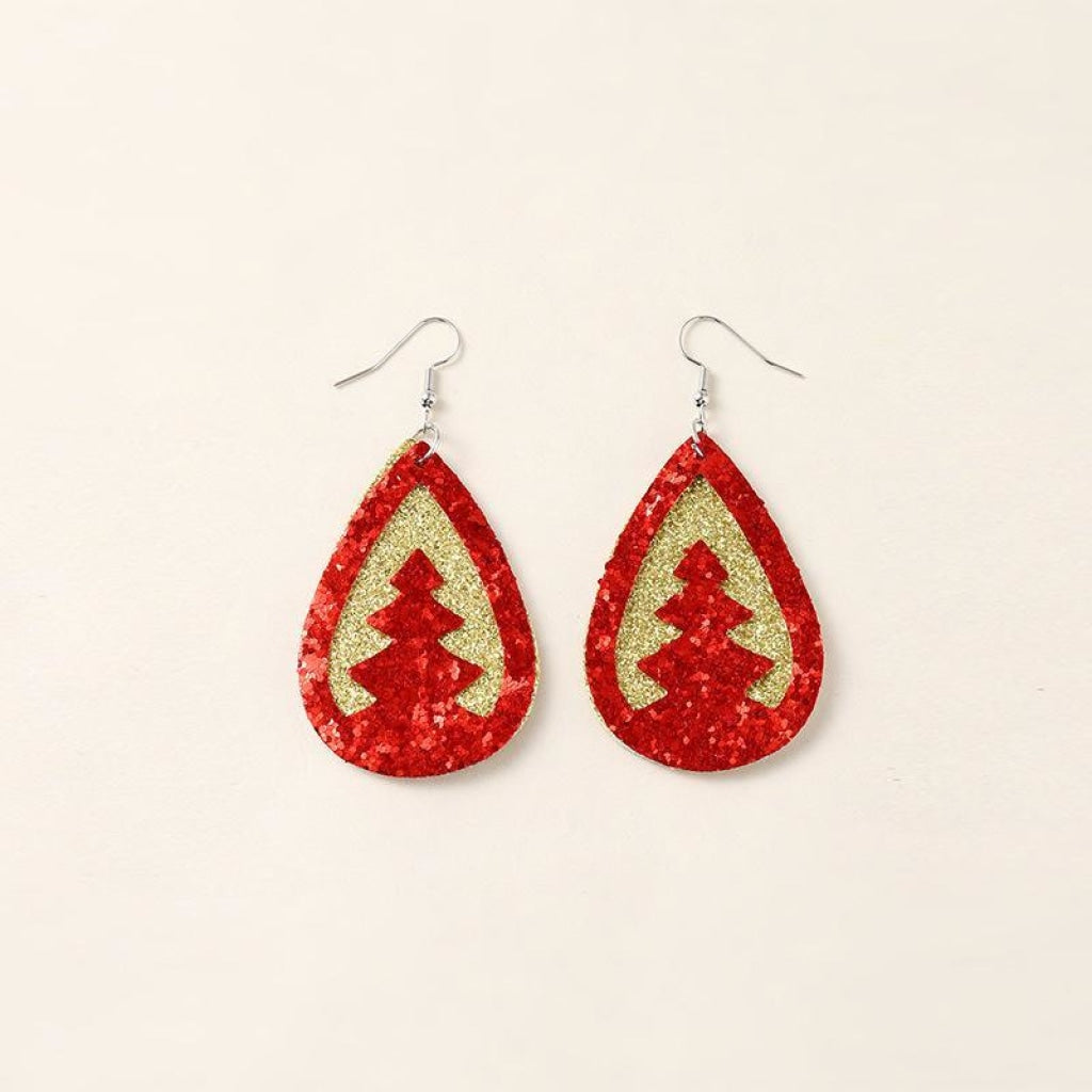 2 Layered Hollow Out Sequin Christmas Tree Leather Earrings Red Earring