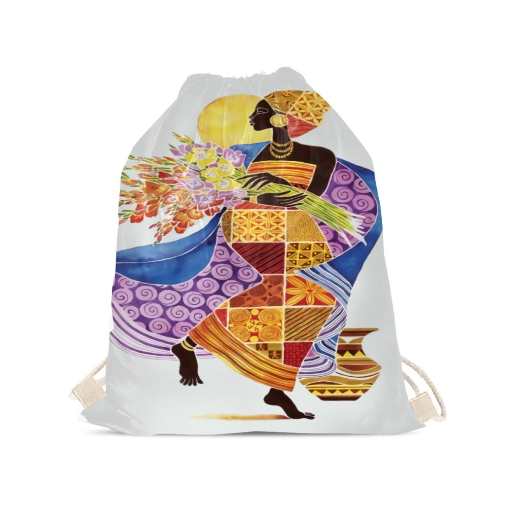 African Artwork Apron - Girl And Flowers Drawstring Pocket
