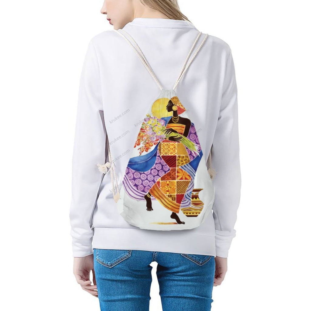 African Artwork Apron - Girl And Flowers Drawstring Pocket