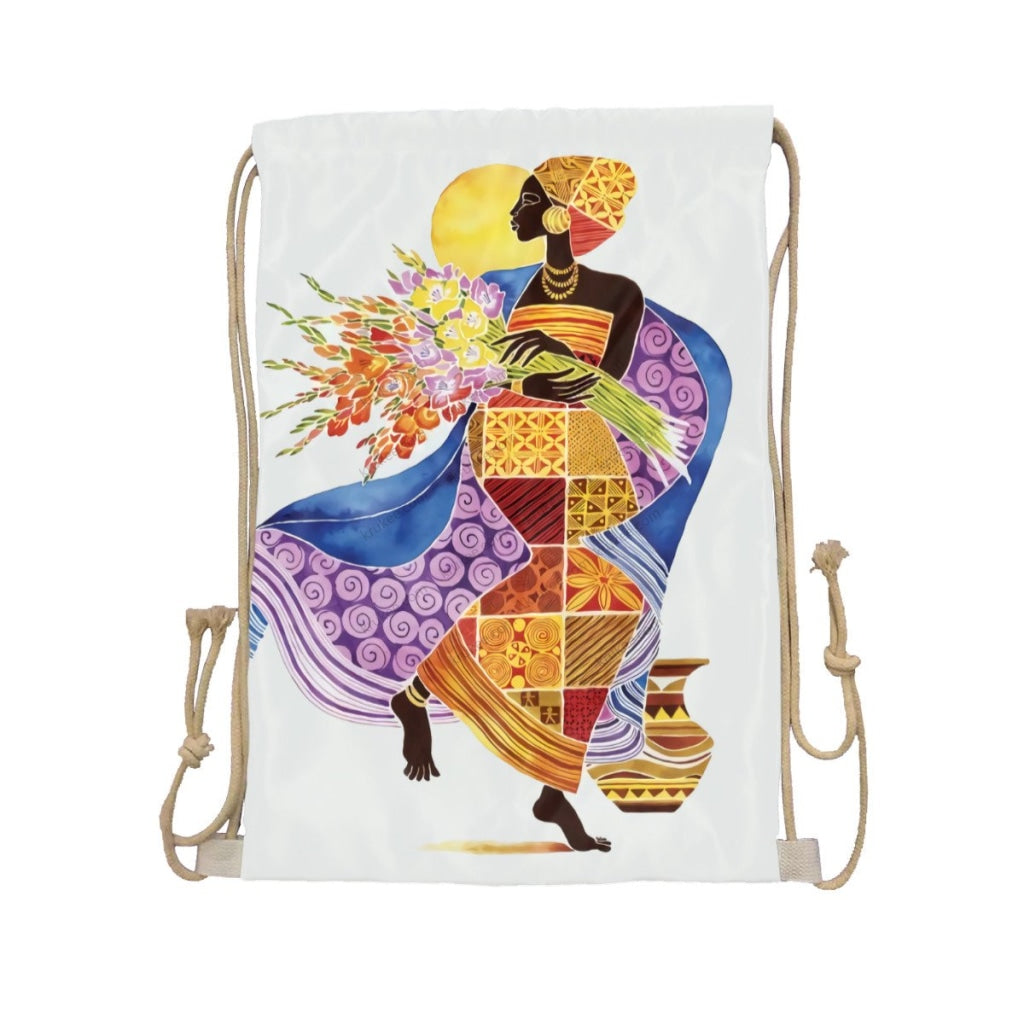 African Artwork Apron - Girl And Flowers Drawstring Pocket White / One Size