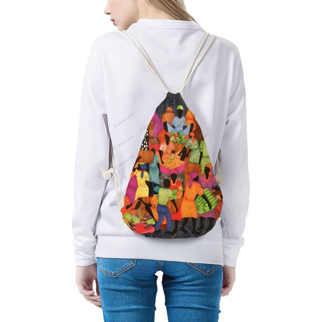African Artwork Apron - The Market 2 Drawstring Pocket