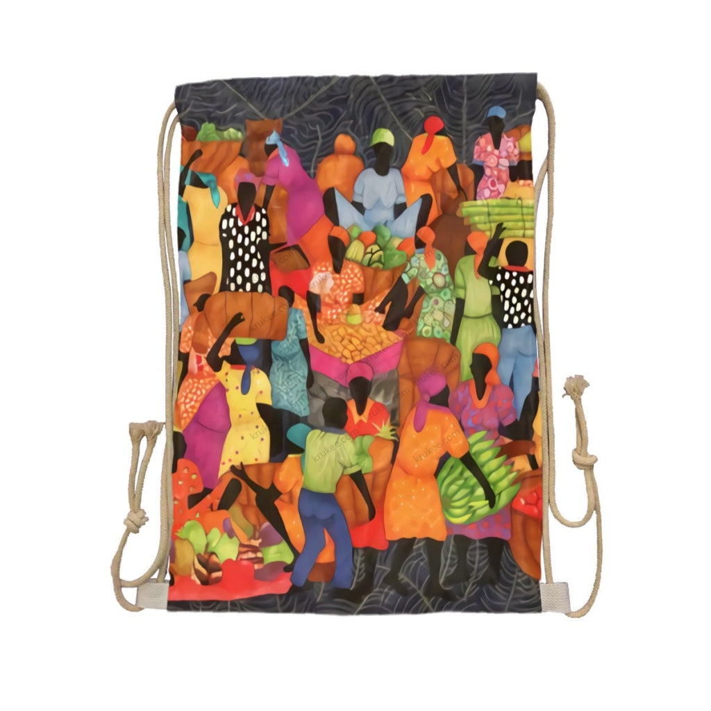 African Artwork Apron - The Market 2 Drawstring Pocket White / One Size