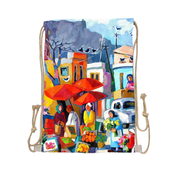 African Artwork Apron - The Market Drawstring Pocket White / One Size