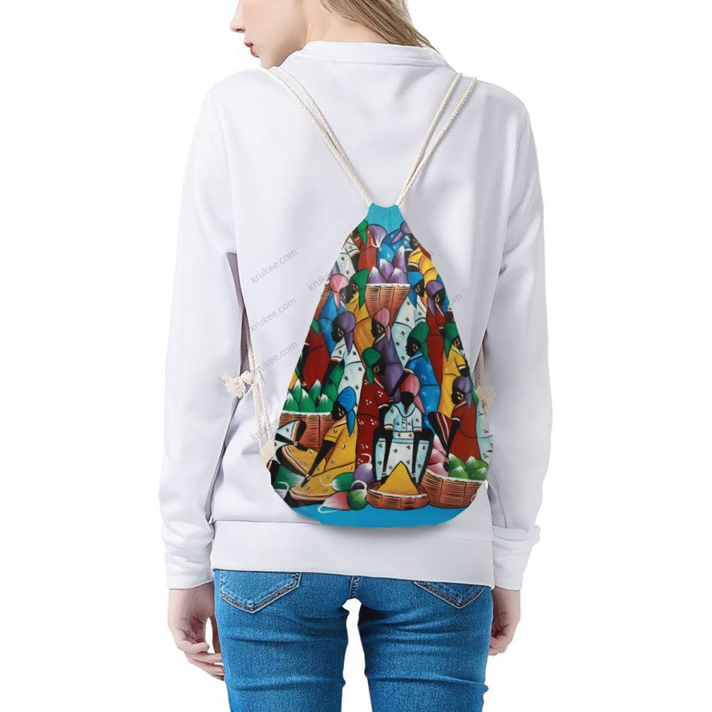 African Artwork Apron - The Rainbow Market Drawstring Pocket