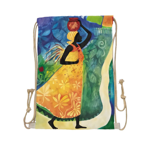 African Artwork Apron - Women 3 Drawstring Pocket White / One Size