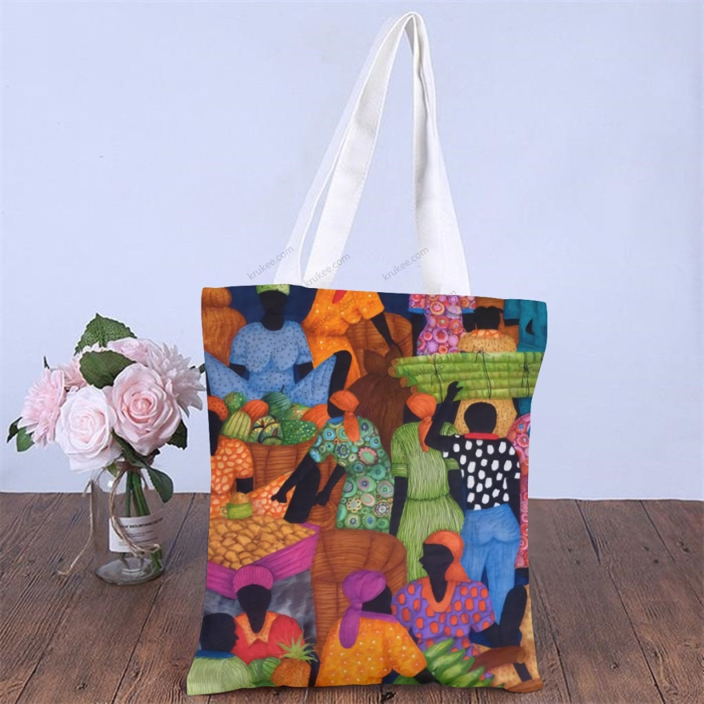 African Artwork Apron - Market Natural Linen Tote Bag