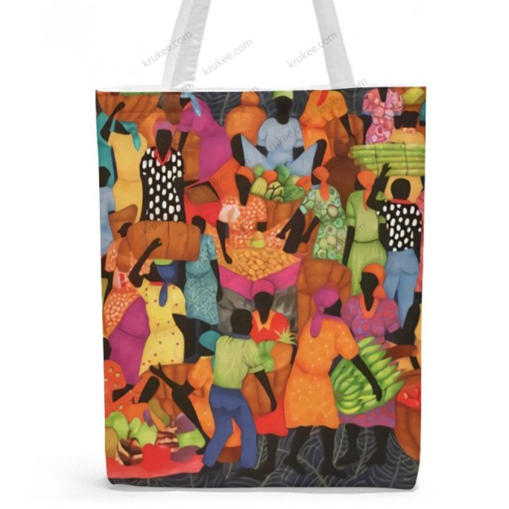 African Artwork Natural Linen Tote Bag - The Market 2