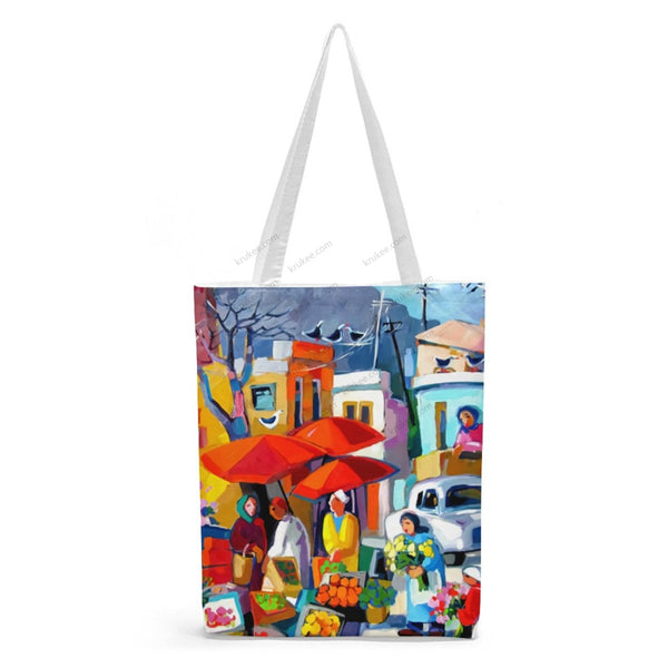 African Artwork Apron - The Market Natural Linen Tote Bag White / S