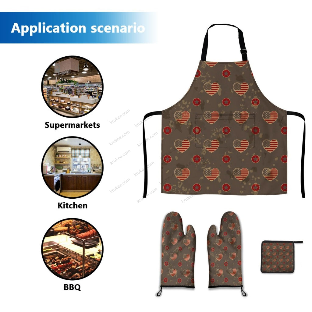 America Patriotic 4 Pack Kitchen Set (Set Of Apron 2 Oven Mitt And Pot Holder)
