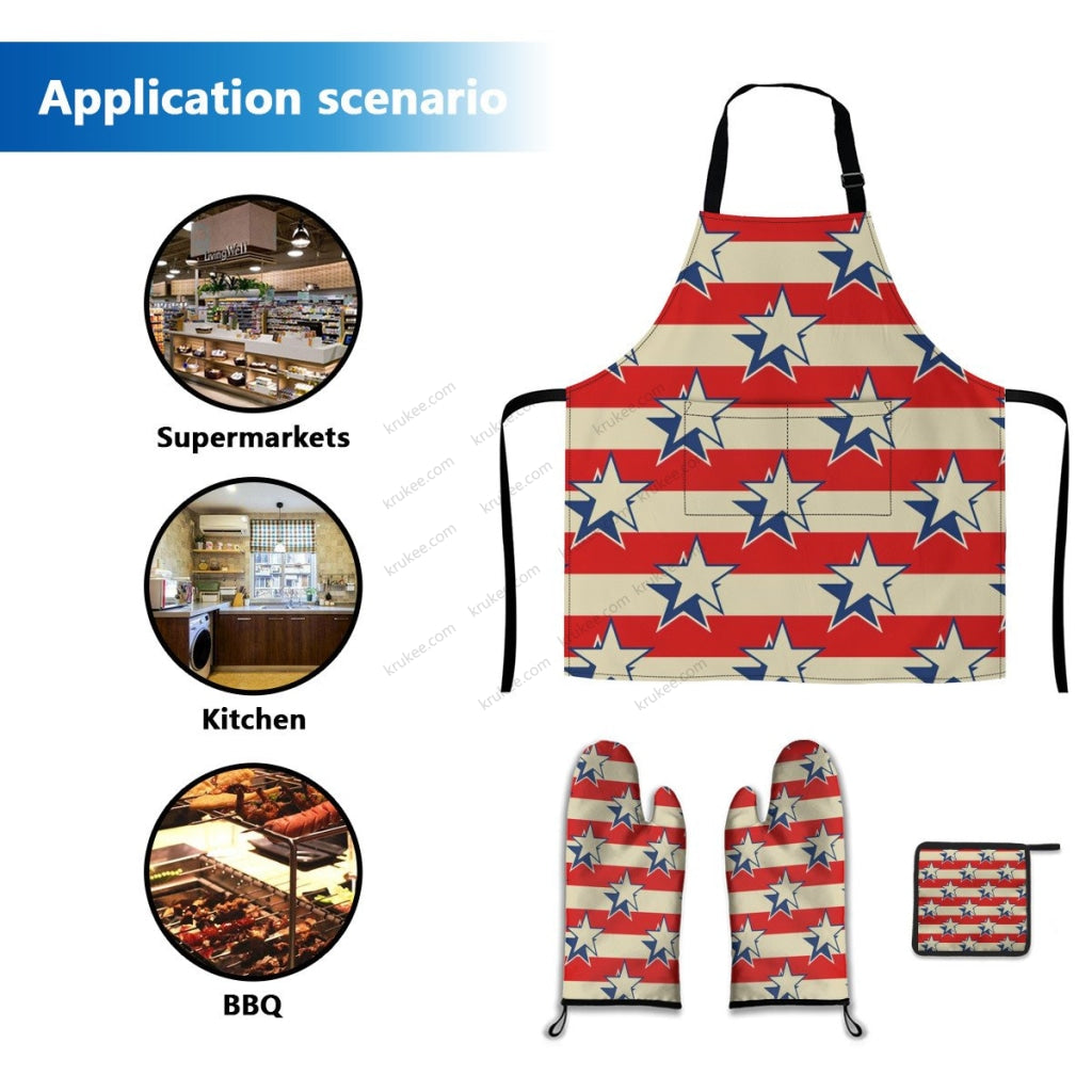 America Patriotic Red White Blue 5 Pack Kitchen Set (Set Of Apron 2 Oven Mitt And Pot Holder)