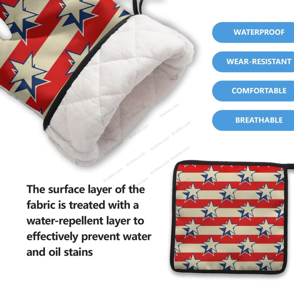 America Patriotic Red White Blue 5 Pack Kitchen Set (Set Of Apron 2 Oven Mitt And Pot Holder)