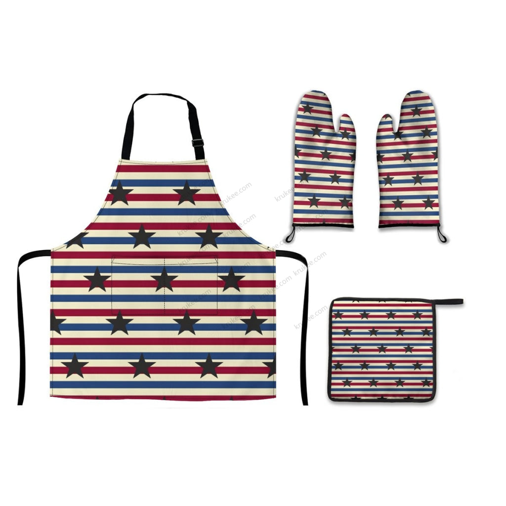 America Patriotic Red White Blue 4 Pack Kitchen Set (Set Of Apron 2 Oven Mitt And Pot Holder) Silver