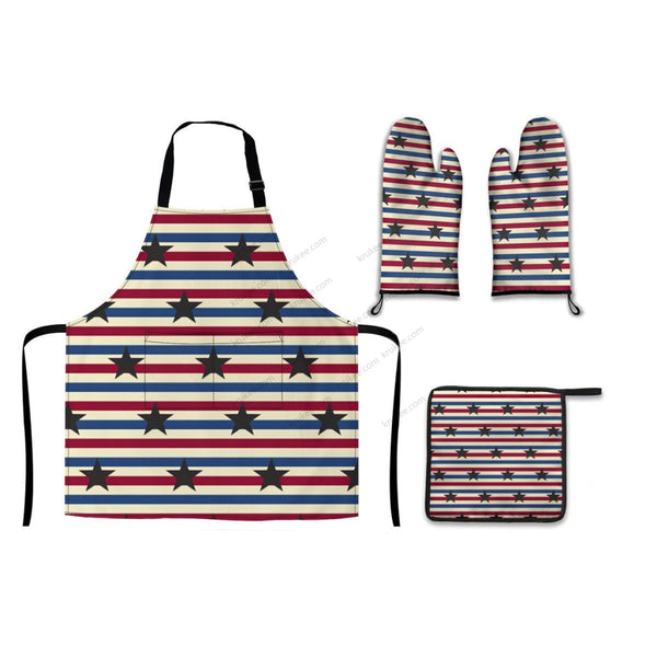 America Patriotic Red White Blue 4 Pack Kitchen Set (Set Of Apron 2 Oven Mitt And Pot Holder) Silver