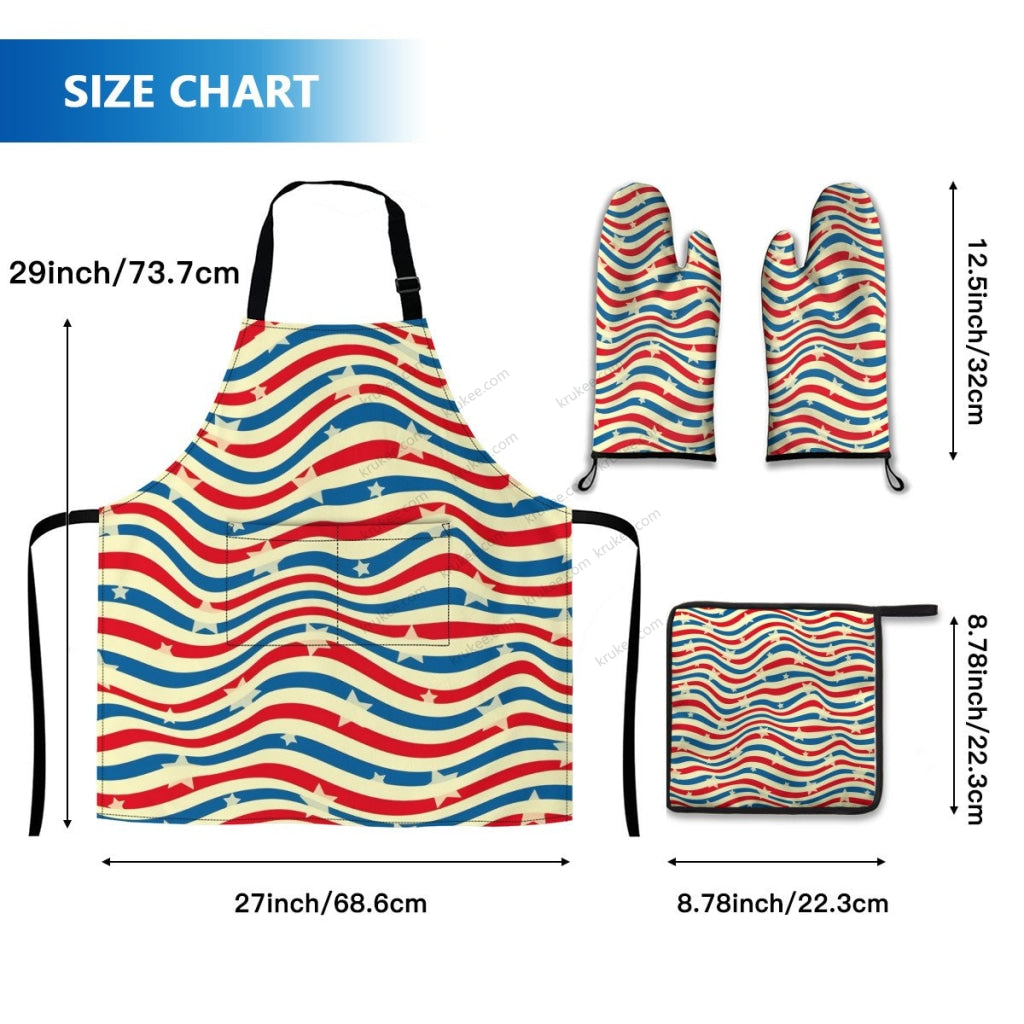 America Patriotic Red White Blue 4 Pack Kitchen Set (Set Of Apron 2 Oven Mitt And Pot Holder)