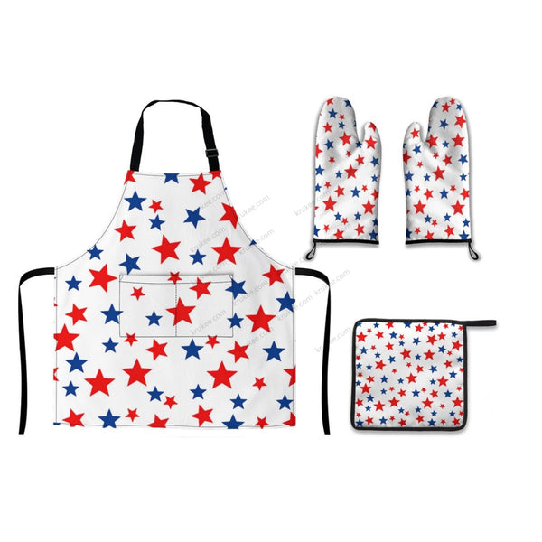 America Patriotic Red White Blue 4 Pack Kitchen Set (Set Of Apron 2 Oven Mitt And Pot Holder)