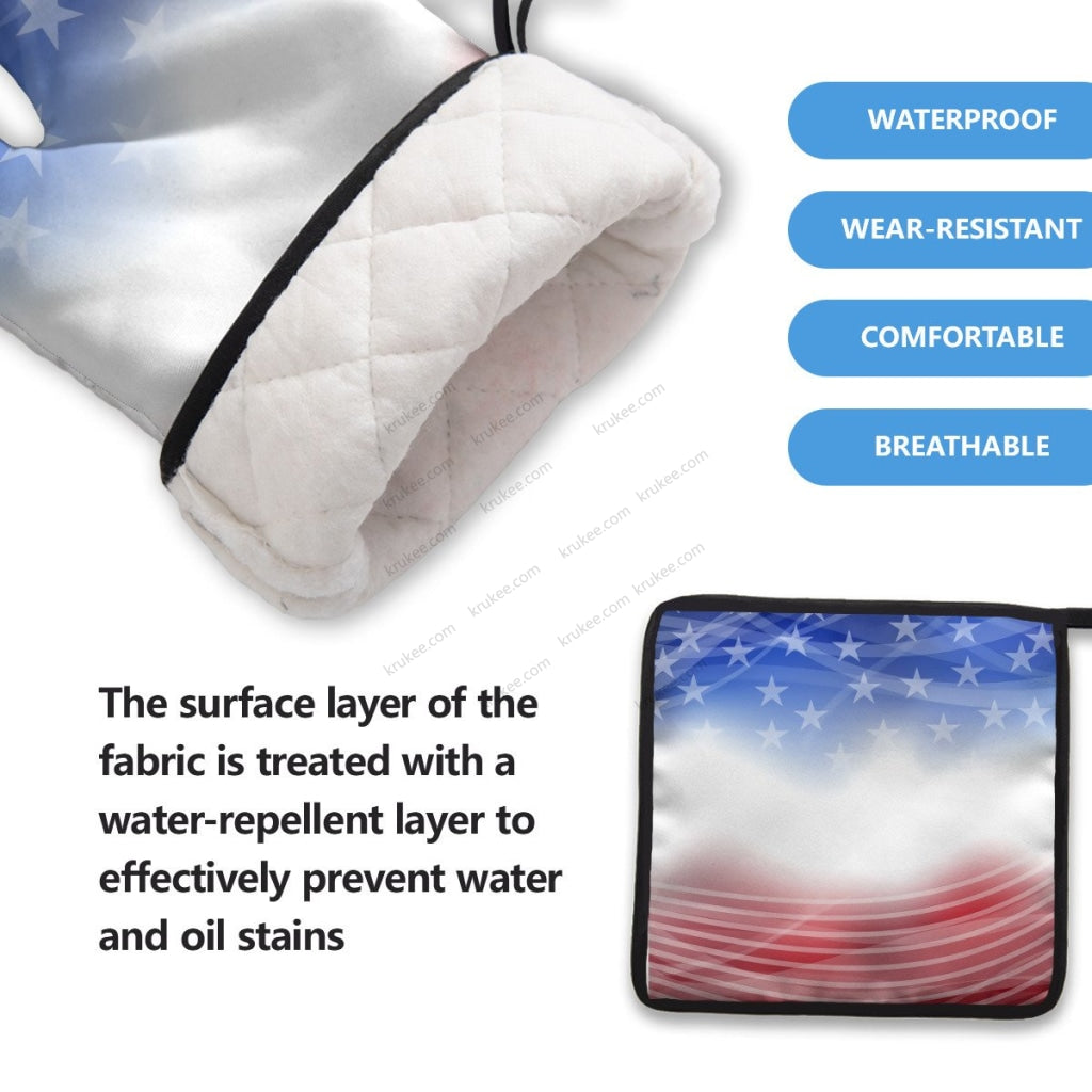 America Patriotic Red White Blue 4 Pack Kitchen Set (Set Of Apron 2 Oven Mitt And Pot Holder)
