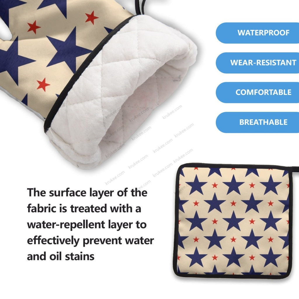 America Patriotic Red White Blue 4 Pack Kitchen Set (Set Of Apron 2 Oven Mitt And Pot Holder)