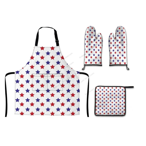 America Patriotic Red White Blue 4 Pack Kitchen Set (Set Of Apron 2 Oven Mitt And Pot Holder) Silver