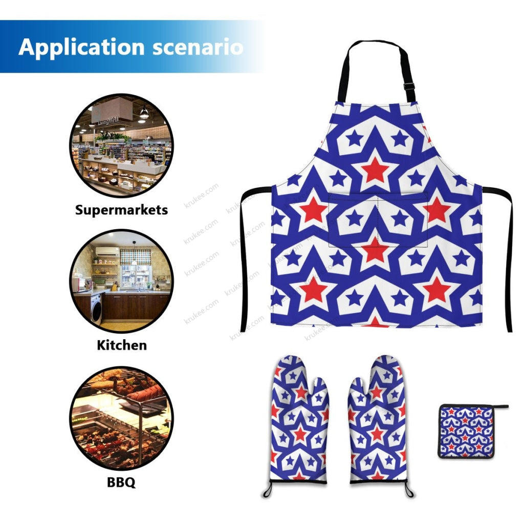 America Patriotic Red White Blue 5 Pack Kitchen Set (Set Of Apron 2 Oven Mitt And Pot Holder)