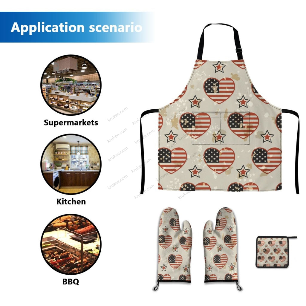 America Patriotic Red White Blue 4 Pack Kitchen Set (Set Of Apron 2 Oven Mitt And Pot Holder)