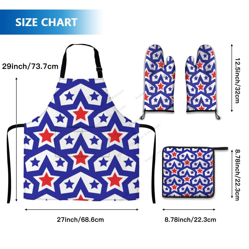 America Patriotic Red White Blue 5 Pack Kitchen Set (Set Of Apron 2 Oven Mitt And Pot Holder)