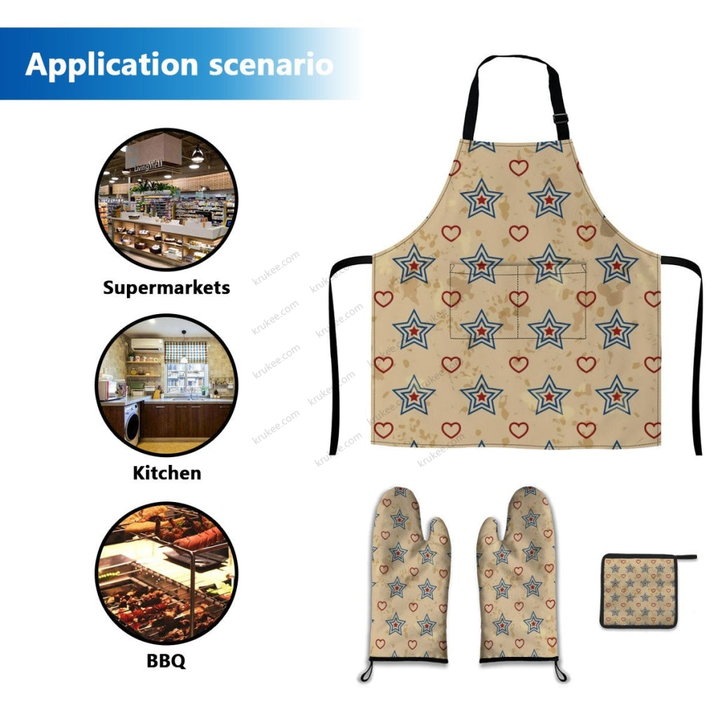 America Patriotic Red White Blue 4 Pack Kitchen Set (Set Of Apron 2 Oven Mitt And Pot Holder)