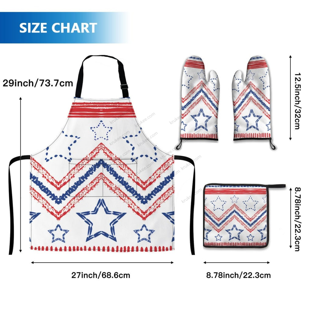 America Patriotic Red White Blue 4 Pack Kitchen Set (Set Of Apron 2 Oven Mitt And Pot Holder)