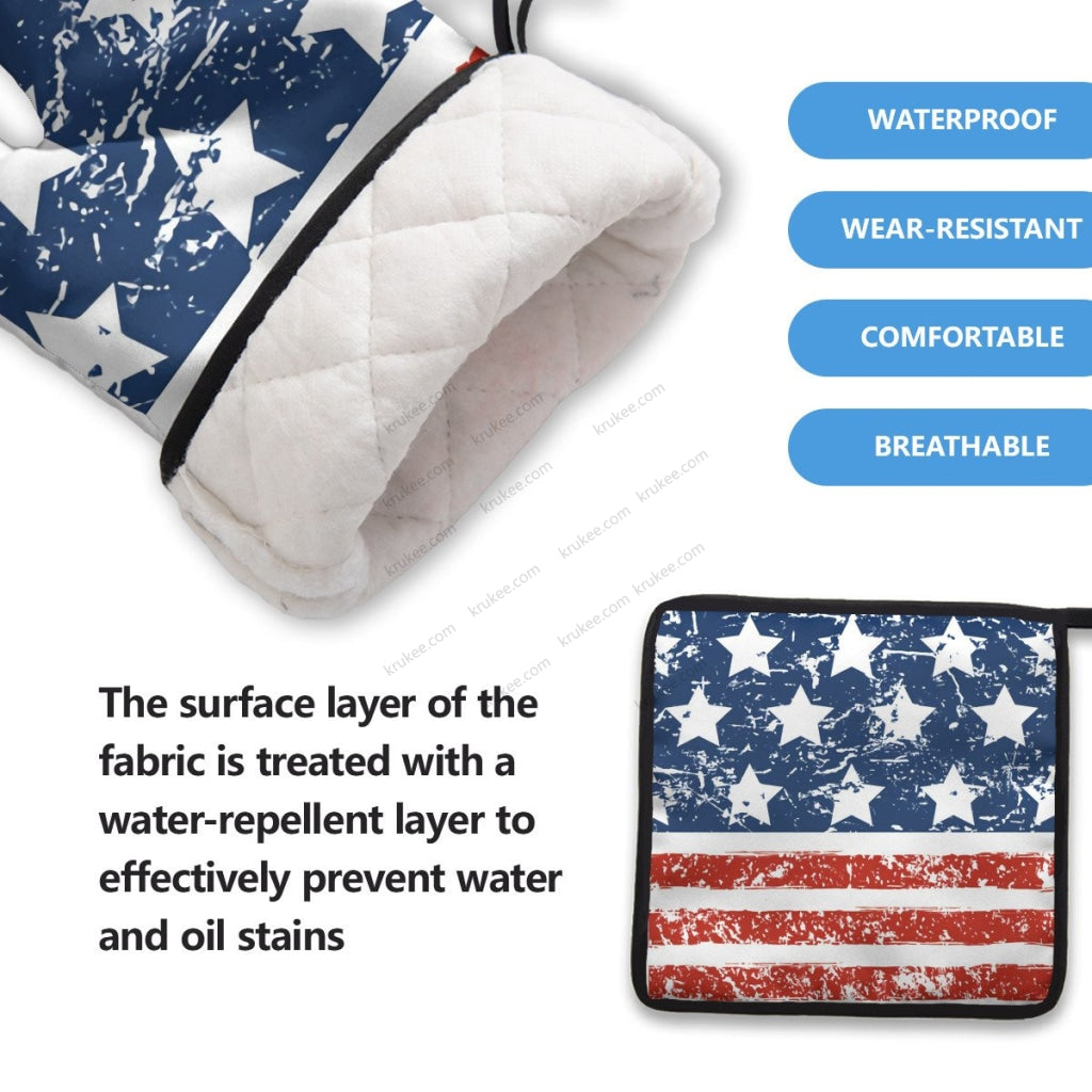 America Patriotic Red White Blue 4 Pack Kitchen Set (Set Of Apron 2 Oven Mitt And Pot Holder)