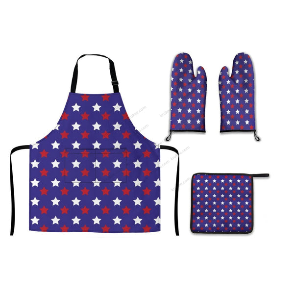 America Patriotic Red White Blue 4 Pack Kitchen Set (Set Of Apron 2 Oven Mitt And Pot Holder)
