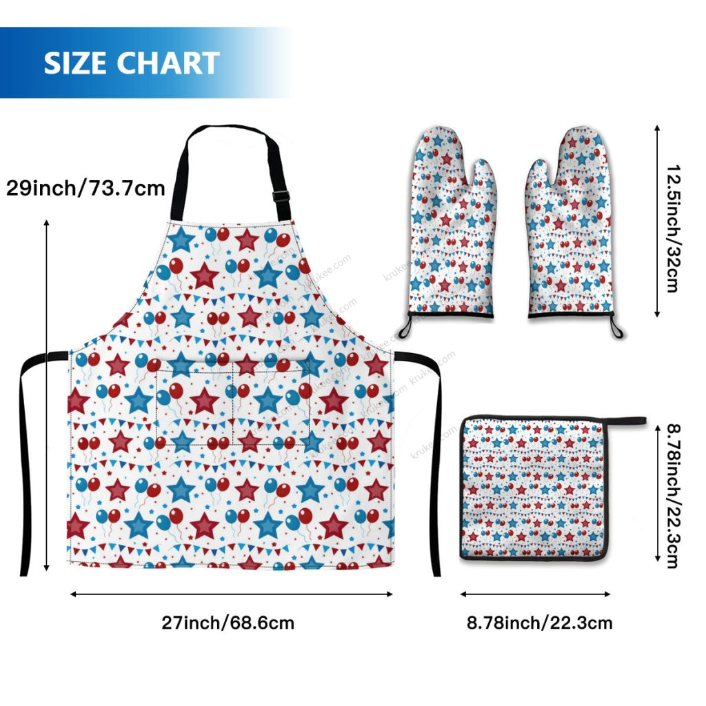 America Patriotic Red White Blue 4 Pack Kitchen Set (Set Of Apron 2 Oven Mitt And Pot Holder)