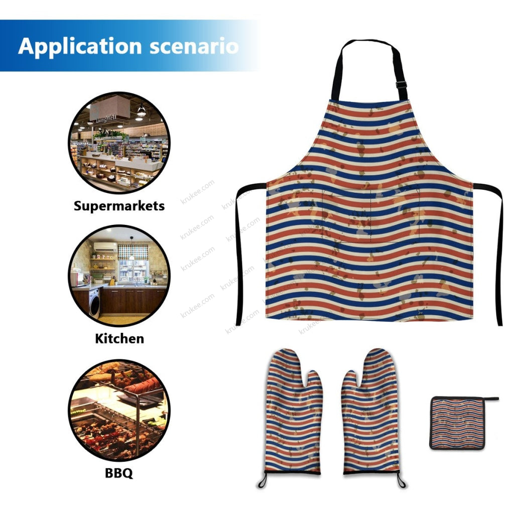 America Patriotic Red White Blue 4 Pack Kitchen Set (Set Of Apron 2 Oven Mitt And Pot Holder)