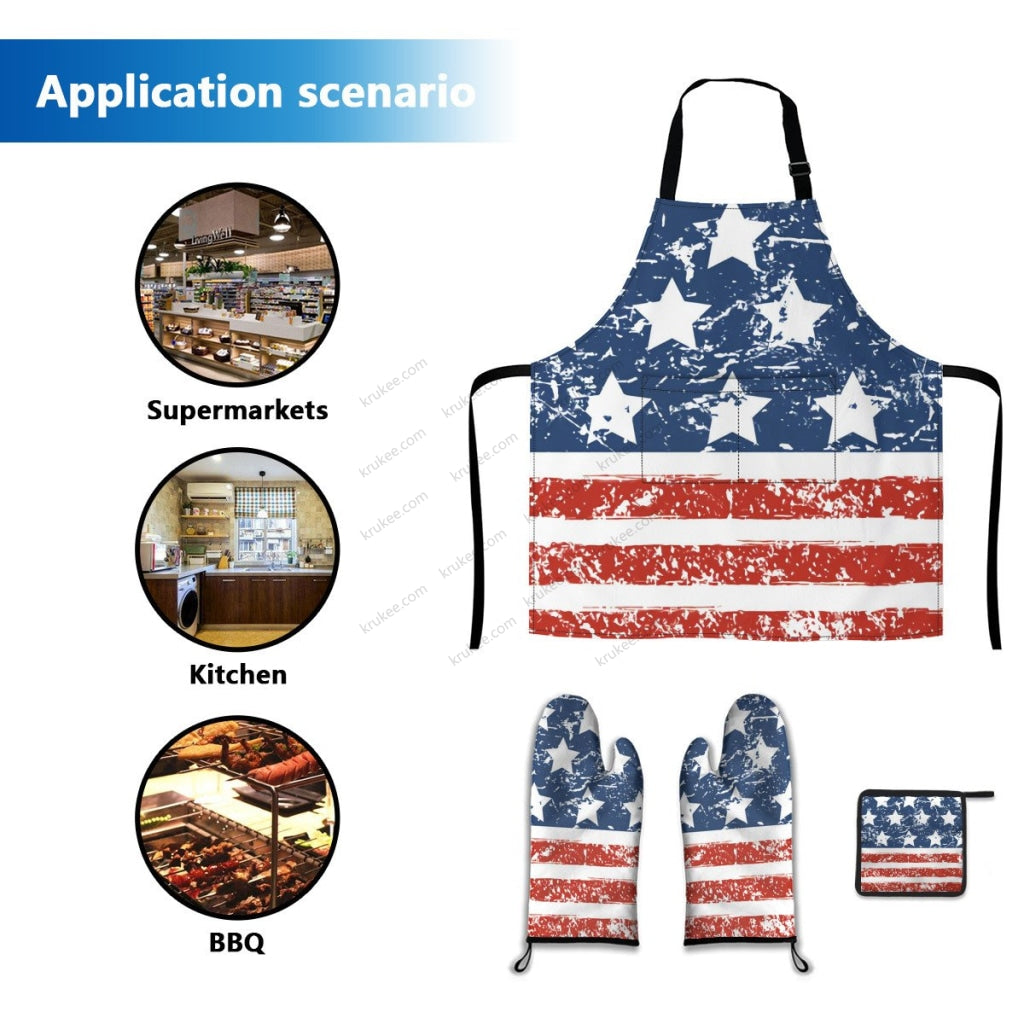 America Patriotic Red White Blue 4 Pack Kitchen Set (Set Of Apron 2 Oven Mitt And Pot Holder)