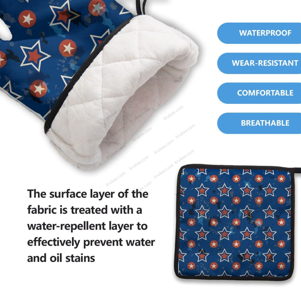 America Patriotic Red White Blue 5 Pack Kitchen Set (Set Of Apron 2 Oven Mitt And Pot Holder)
