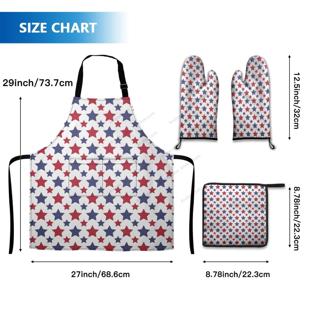 America Patriotic Red White Blue 4 Pack Kitchen Set (Set Of Apron 2 Oven Mitt And Pot Holder)