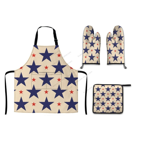 America Patriotic Red White Blue 4 Pack Kitchen Set (Set Of Apron 2 Oven Mitt And Pot Holder)