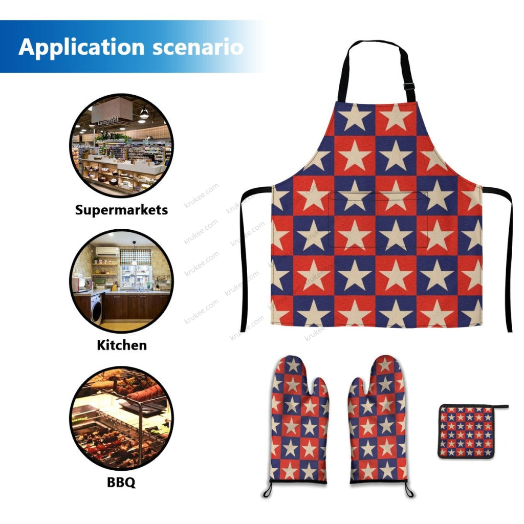 America Patriotic Red White Blue 4 Pack Kitchen Set (Set Of Apron 2 Oven Mitt And Pot Holder)