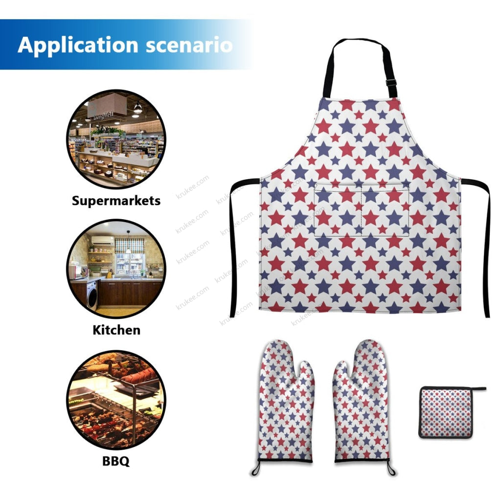 America Patriotic Red White Blue 4 Pack Kitchen Set (Set Of Apron 2 Oven Mitt And Pot Holder)