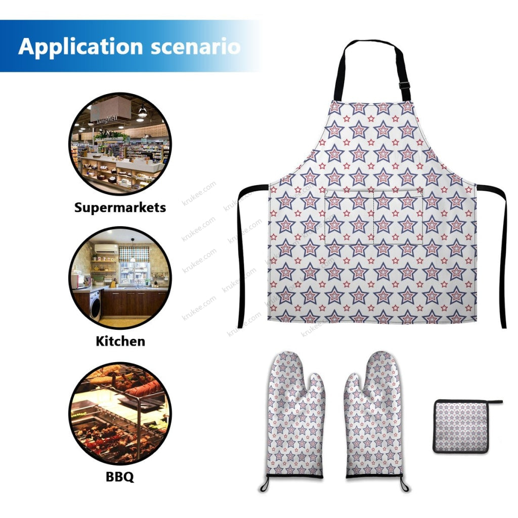 America Patriotic Red White Blue 4 Pack Kitchen Set (Set Of Apron 2 Oven Mitt And Pot Holder)