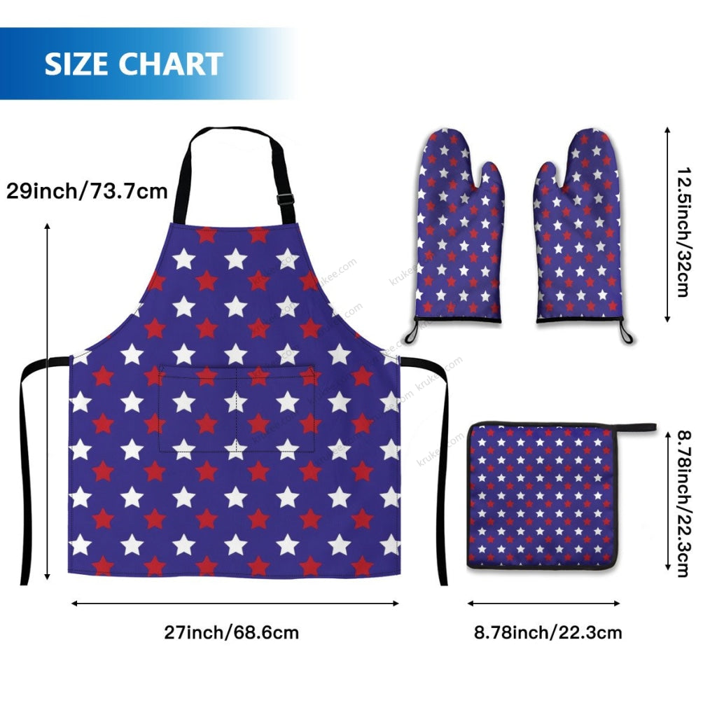 America Patriotic Red White Blue 4 Pack Kitchen Set (Set Of Apron 2 Oven Mitt And Pot Holder)