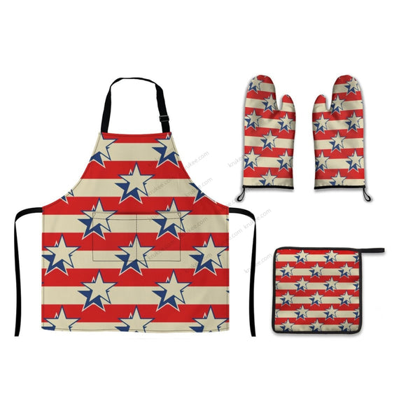 America Patriotic Red White Blue 5 Pack Kitchen Set (Set Of Apron 2 Oven Mitt And Pot Holder) Silver