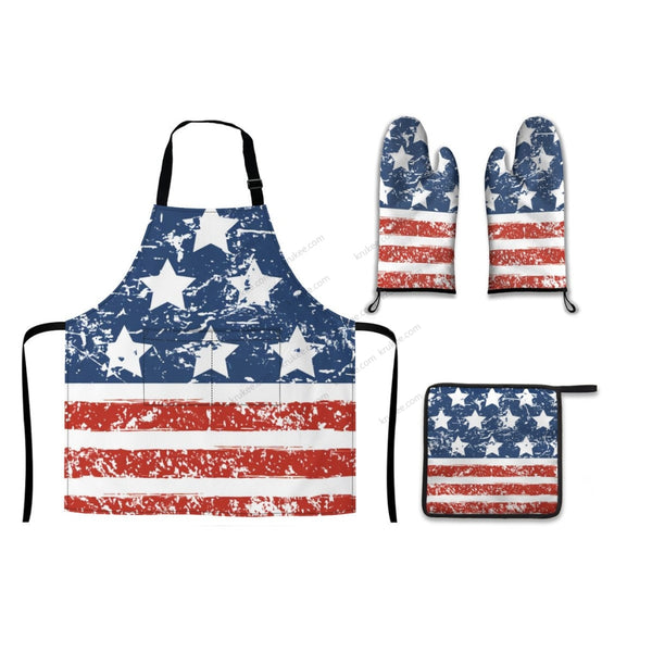 America Patriotic Red White Blue 4 Pack Kitchen Set (Set Of Apron 2 Oven Mitt And Pot Holder)
