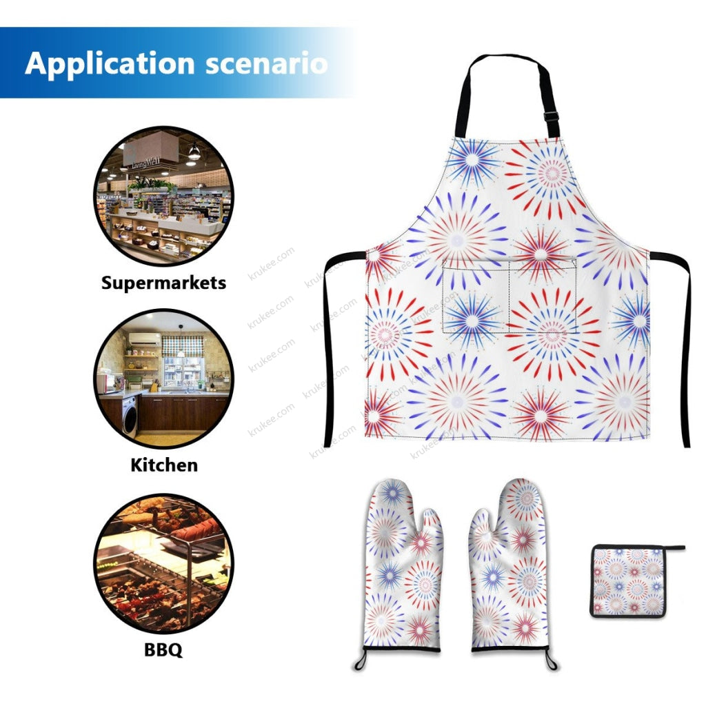America Patriotic Red White Blue 4 Pack Kitchen Set (Set Of Apron 2 Oven Mitt And Pot Holder)
