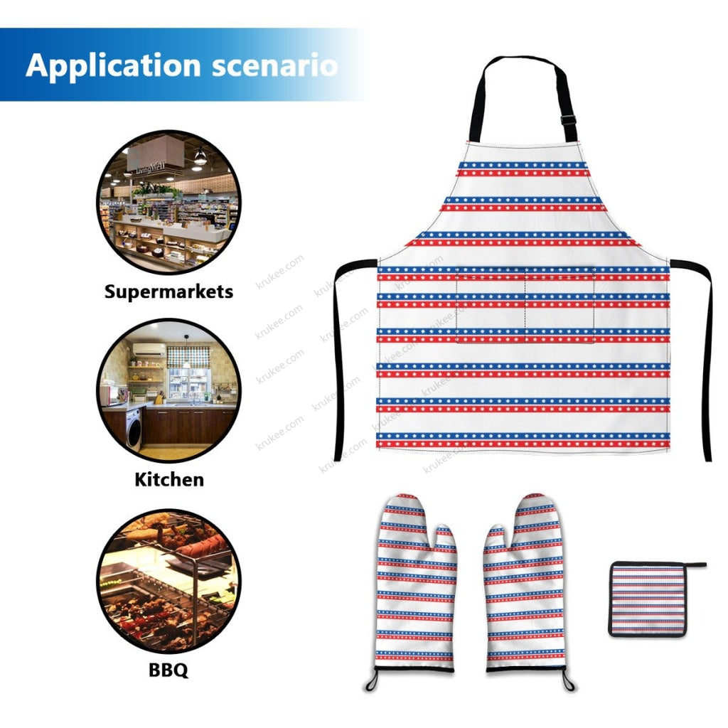 America Patriotic Red White Blue 4 Pack Kitchen Set (Set Of Apron 2 Oven Mitt And Pot Holder)