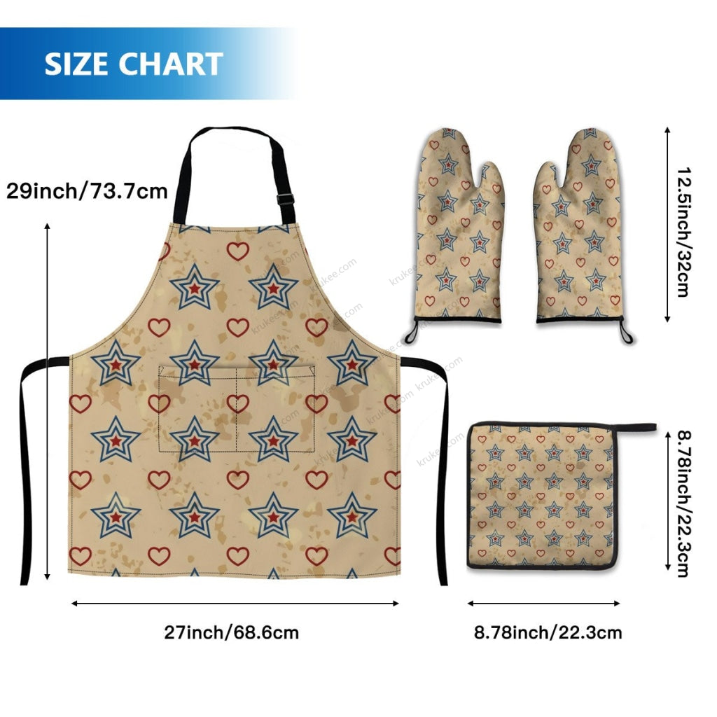America Patriotic Red White Blue 4 Pack Kitchen Set (Set Of Apron 2 Oven Mitt And Pot Holder)