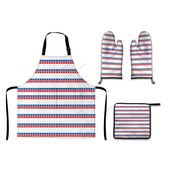 America Patriotic Red White Blue 4 Pack Kitchen Set (Set Of Apron 2 Oven Mitt And Pot Holder)
