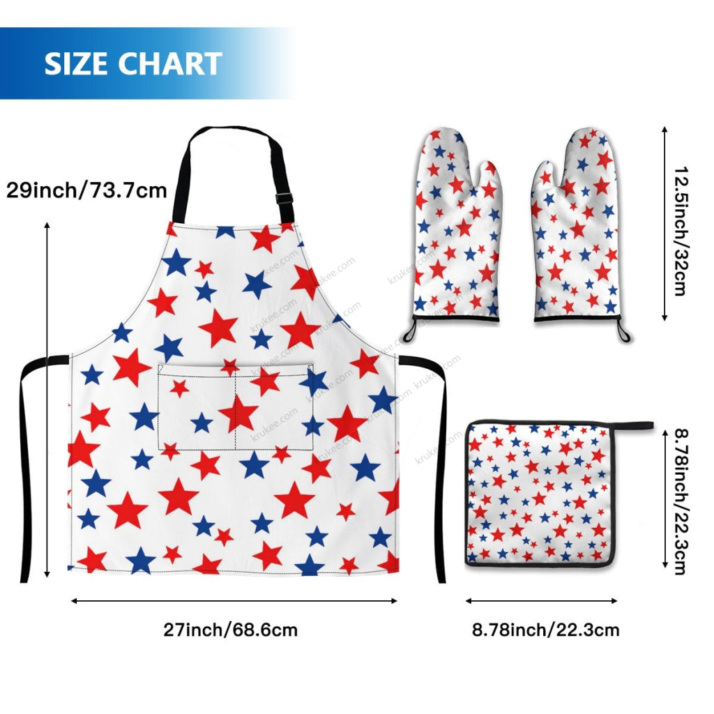 America Patriotic Red White Blue 4 Pack Kitchen Set (Set Of Apron 2 Oven Mitt And Pot Holder)