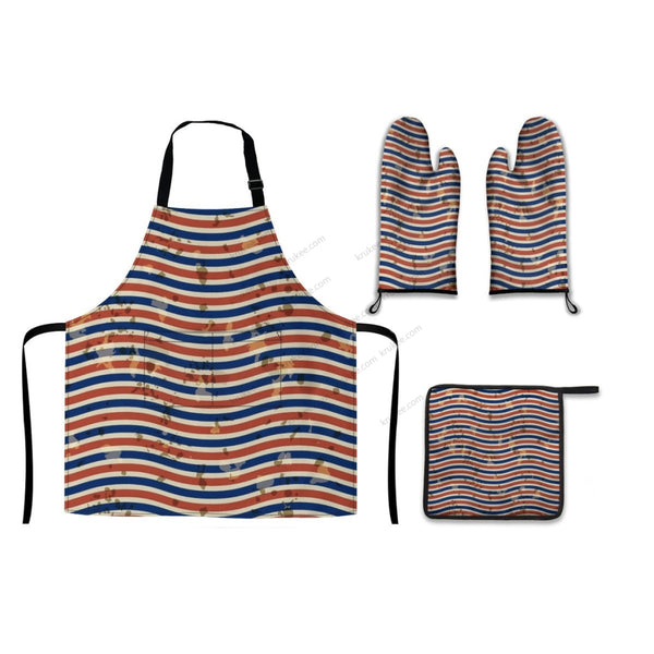 America Patriotic Red White Blue 4 Pack Kitchen Set (Set Of Apron 2 Oven Mitt And Pot Holder)